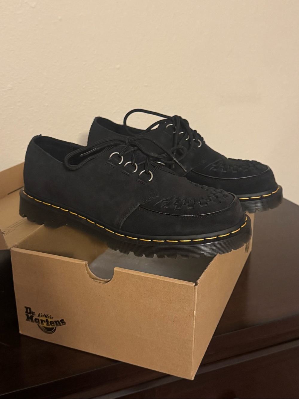 Dr. Martens Black Nubuck Moc Toe Lace-Up Shoes with Yellow Stitching